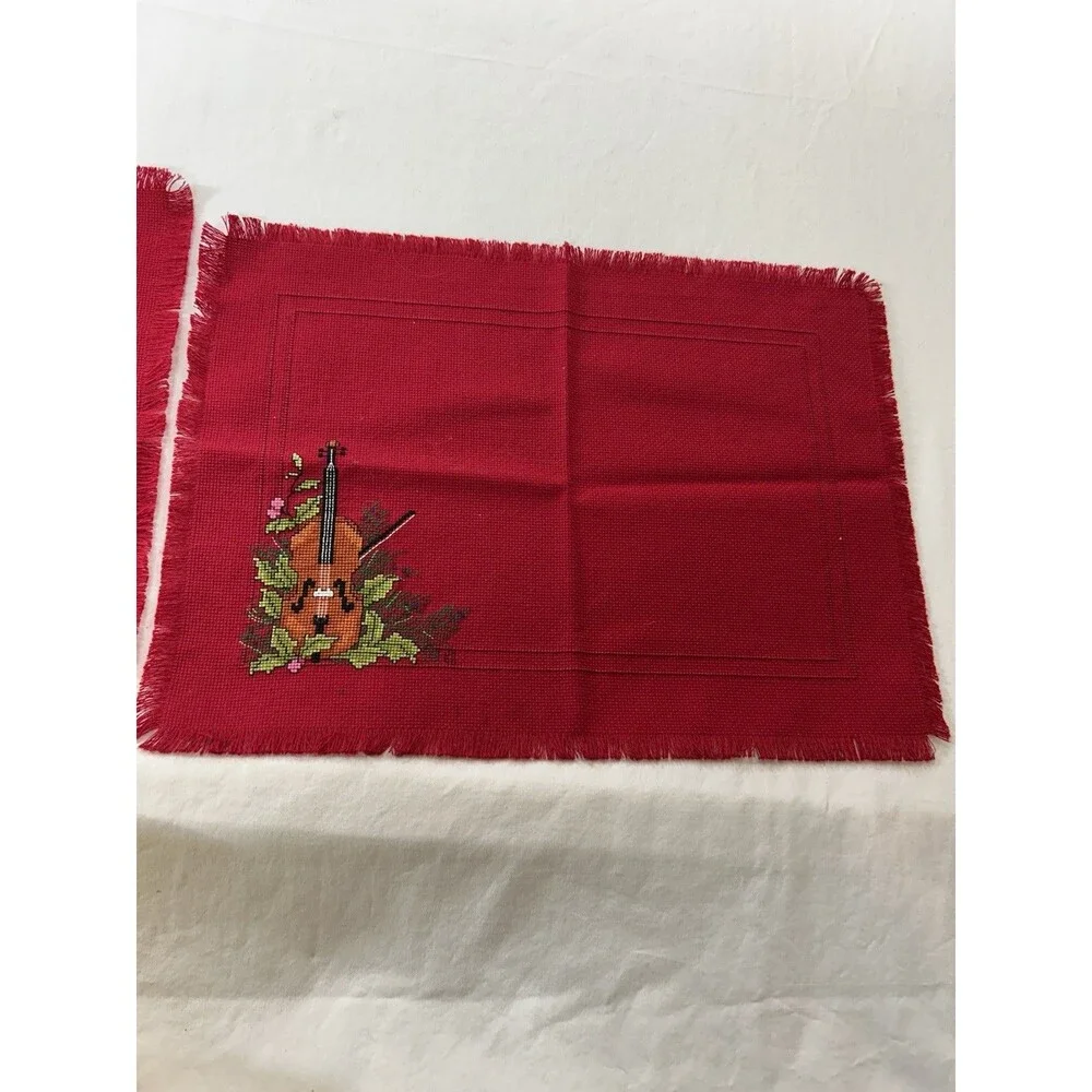 Vintage Handmade Cross Stitch Christmas Placemats Set 2 Red Linen Drum Violin
